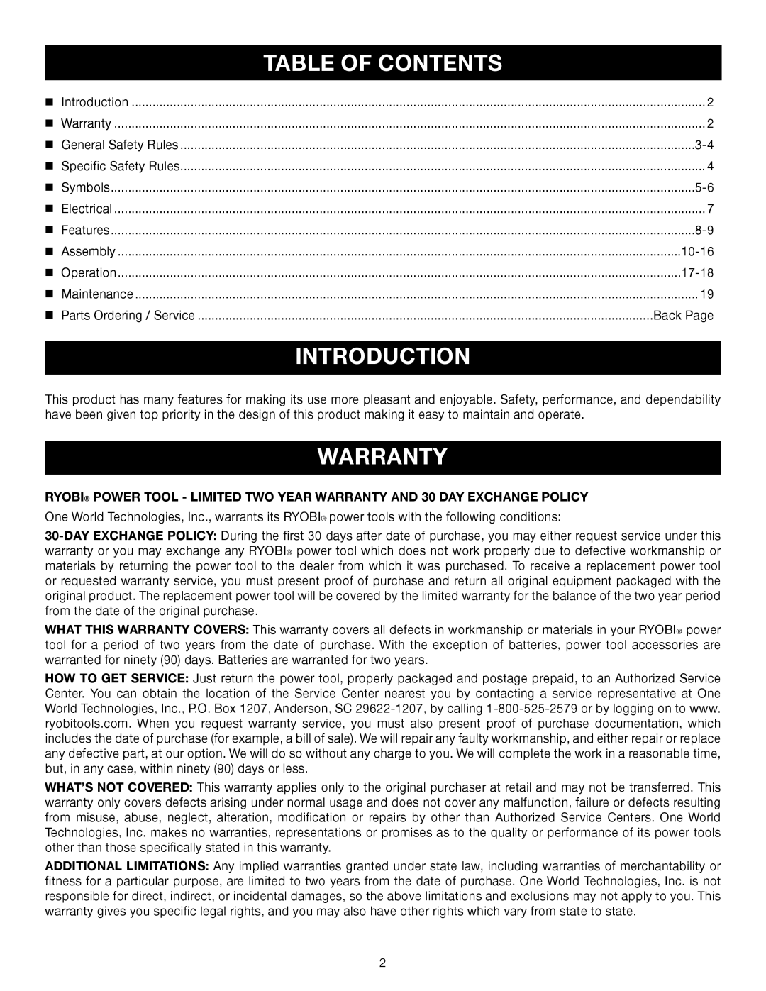 Ryobi A25RT02 manual Introduction, Warranty, Table Of Contents 