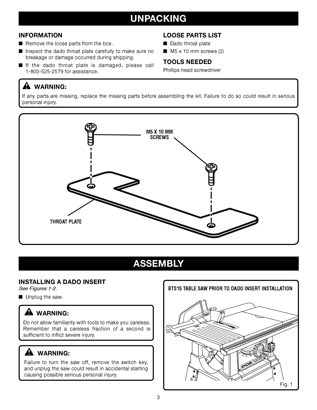 Ryobi A31TS04 manual Unpacking, Information, Loose Parts List, Tools Needed 