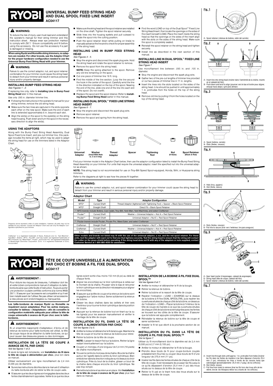 Ryobi AC04117 instruction sheet Installing bump feed string head, Installing Line in Bump Feed String Head, Adaptor Chart 