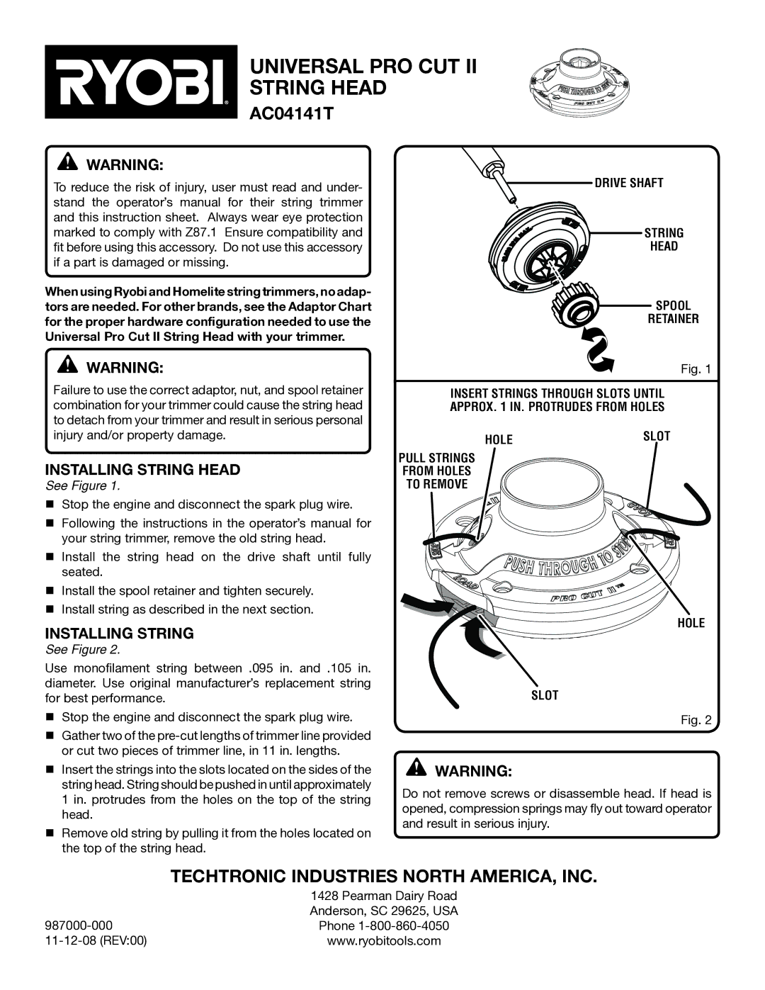 Ryobi AC04141T instruction sheet Universal pro cut II string head, Installing string head, See Figure 