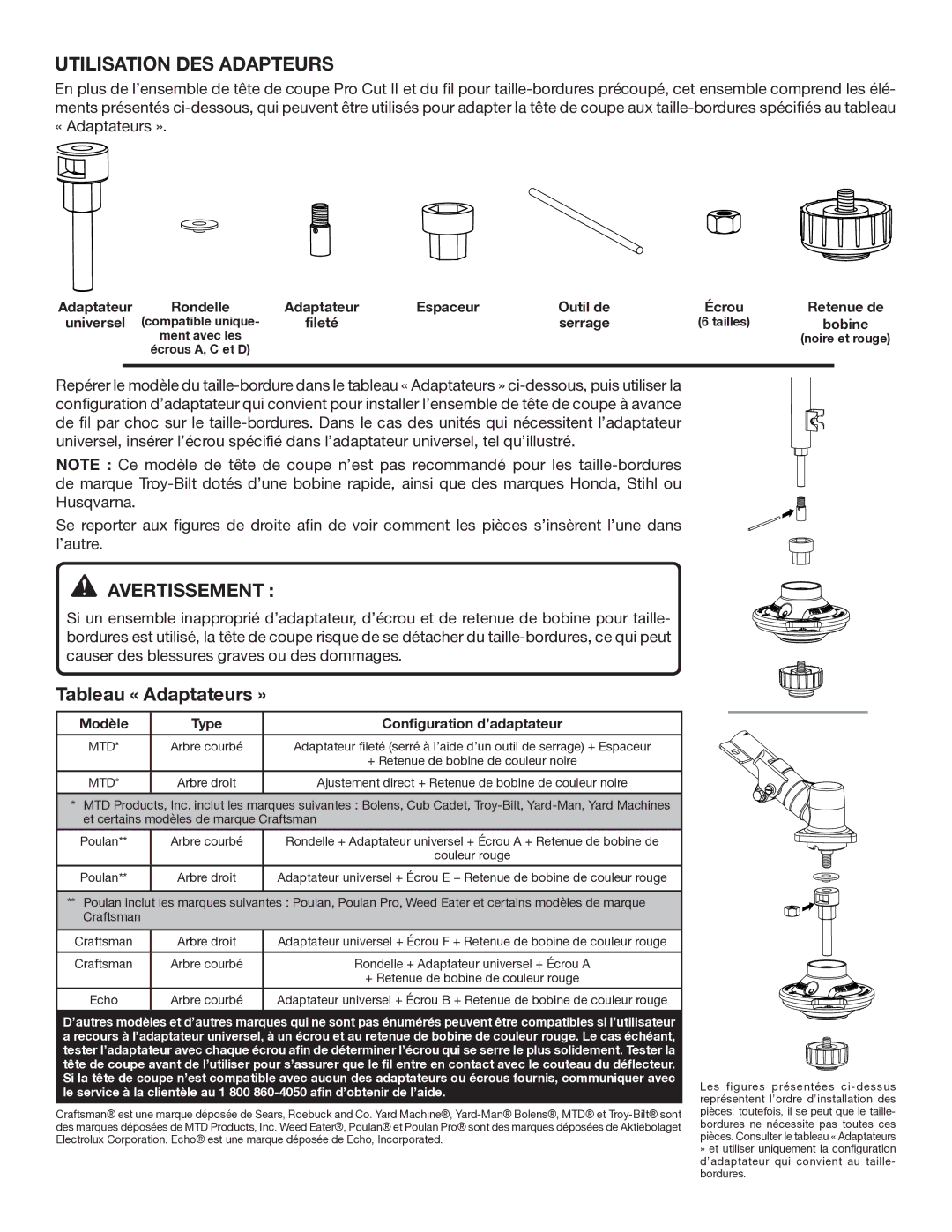 Ryobi AC04141T instruction sheet Utilisation DES Adapteurs, Avertissement, Tableau « Adaptateurs » 