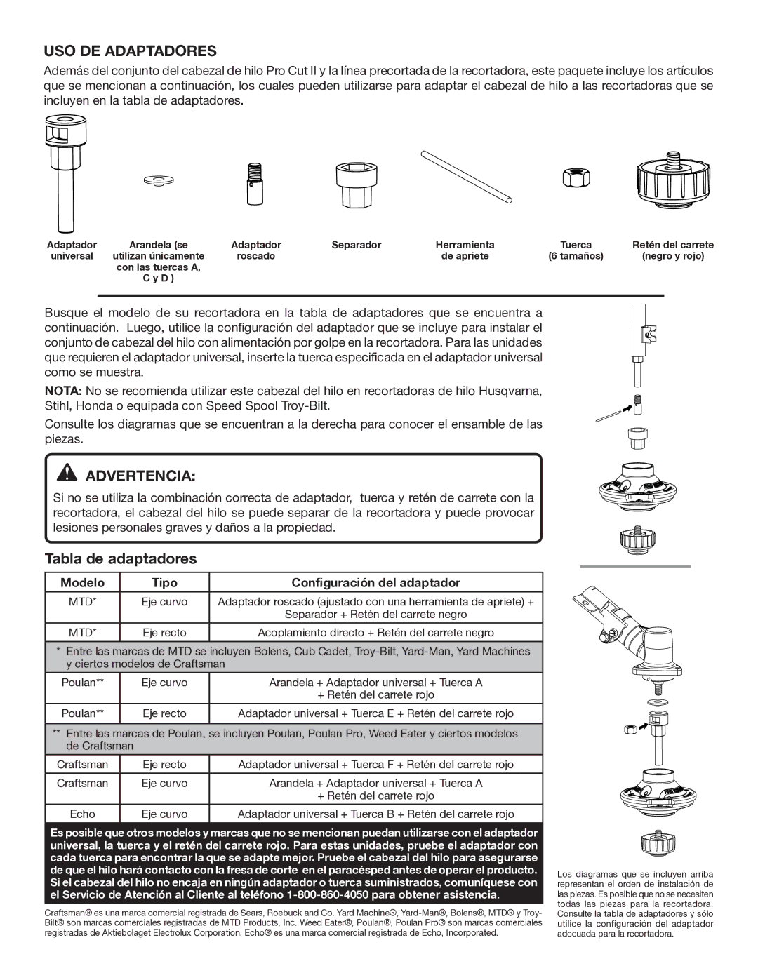 Ryobi AC04141T USO DE Adaptadores, Advertencia, Tabla de adaptadores, Modelo Tipo Configuración del adaptador 