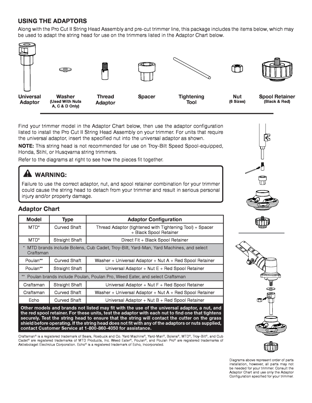 Ryobi AC04141T instruction sheet using the adaptors, Adaptor Chart, Universal, Washer, Spacer, Tightening, Model, Type 