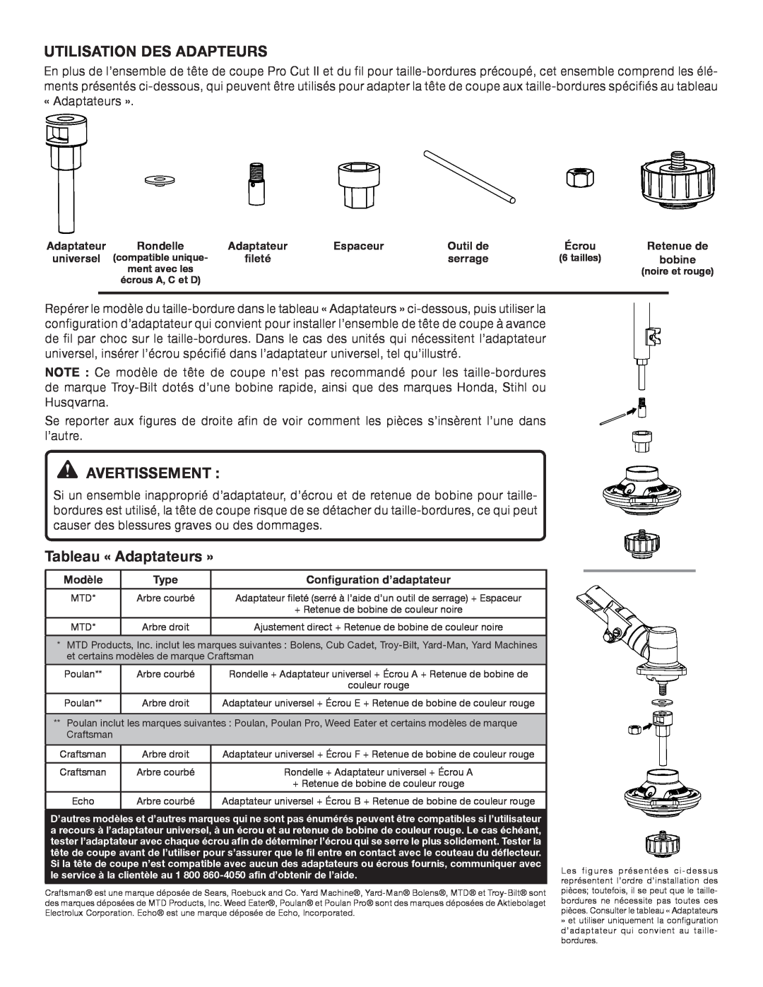 Ryobi AC04141T instruction sheet Utilisation Des Adapteurs, Avertissement, Tableau « Adaptateurs » 