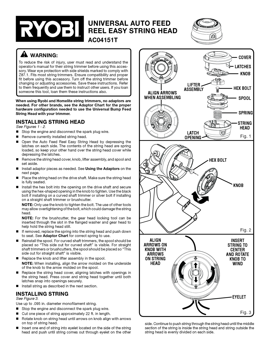 Ryobi AC04151T manual Installing string head, Installing strinG 