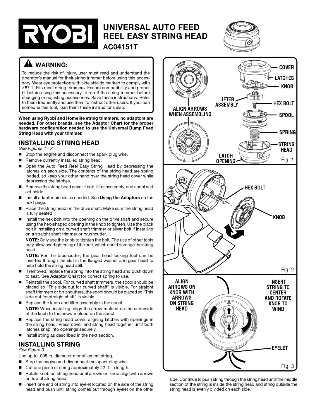 Ryobi AC04151T manual installing string head, installing strinG, universal auto feed Reel Easy string head 
