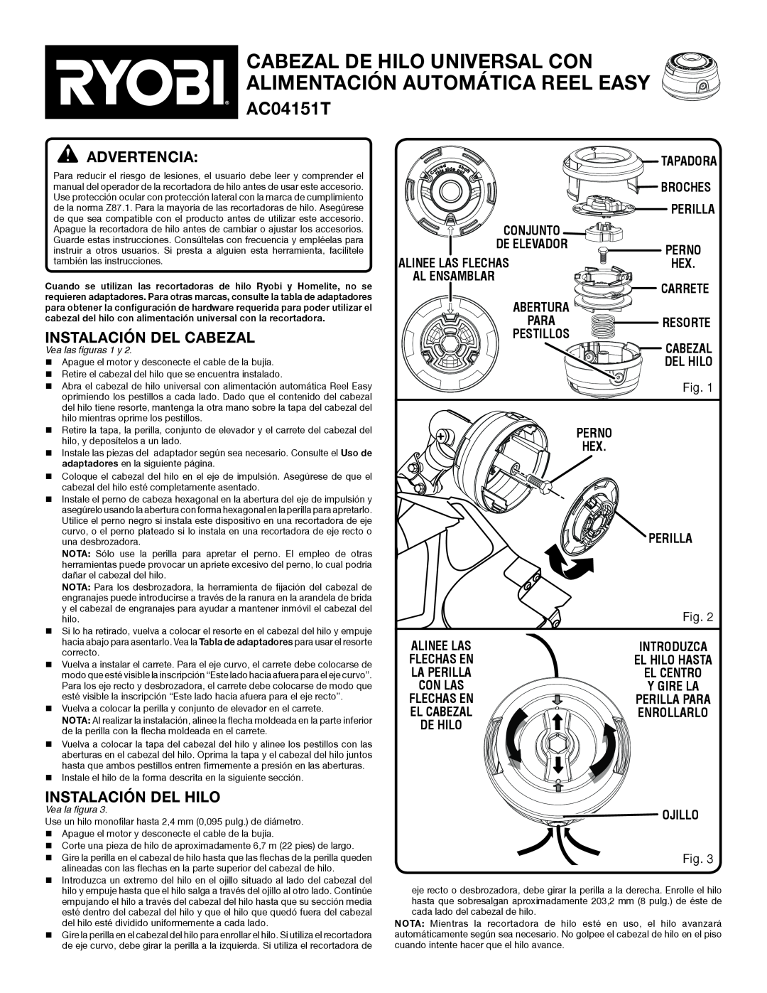 Ryobi AC04151T manual advertencia, Instalación Del Cabezal, Instalación Del Hilo 