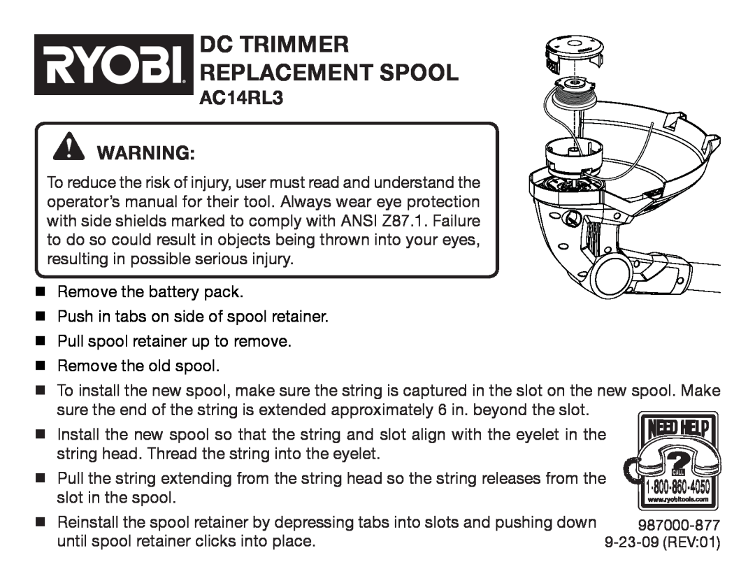 Ryobi AC14RL3 manual DC Trimmer REPLACEMENT SPOOL 