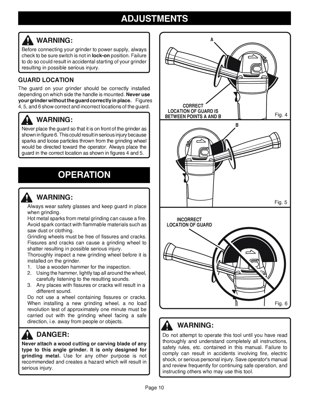 Ryobi AG401 specifications Adjustments, Operation, Guard Location, Incorrect Location of Guard 