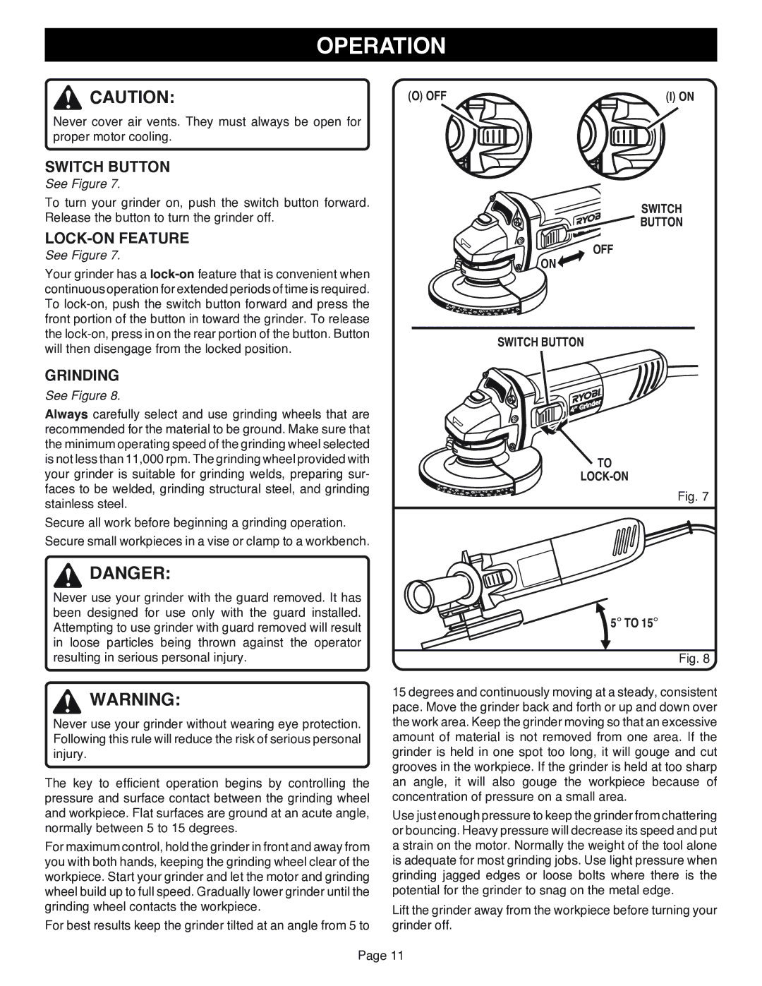 Ryobi AG401 specifications Switch Button, LOCK-ON Feature, Grinding 