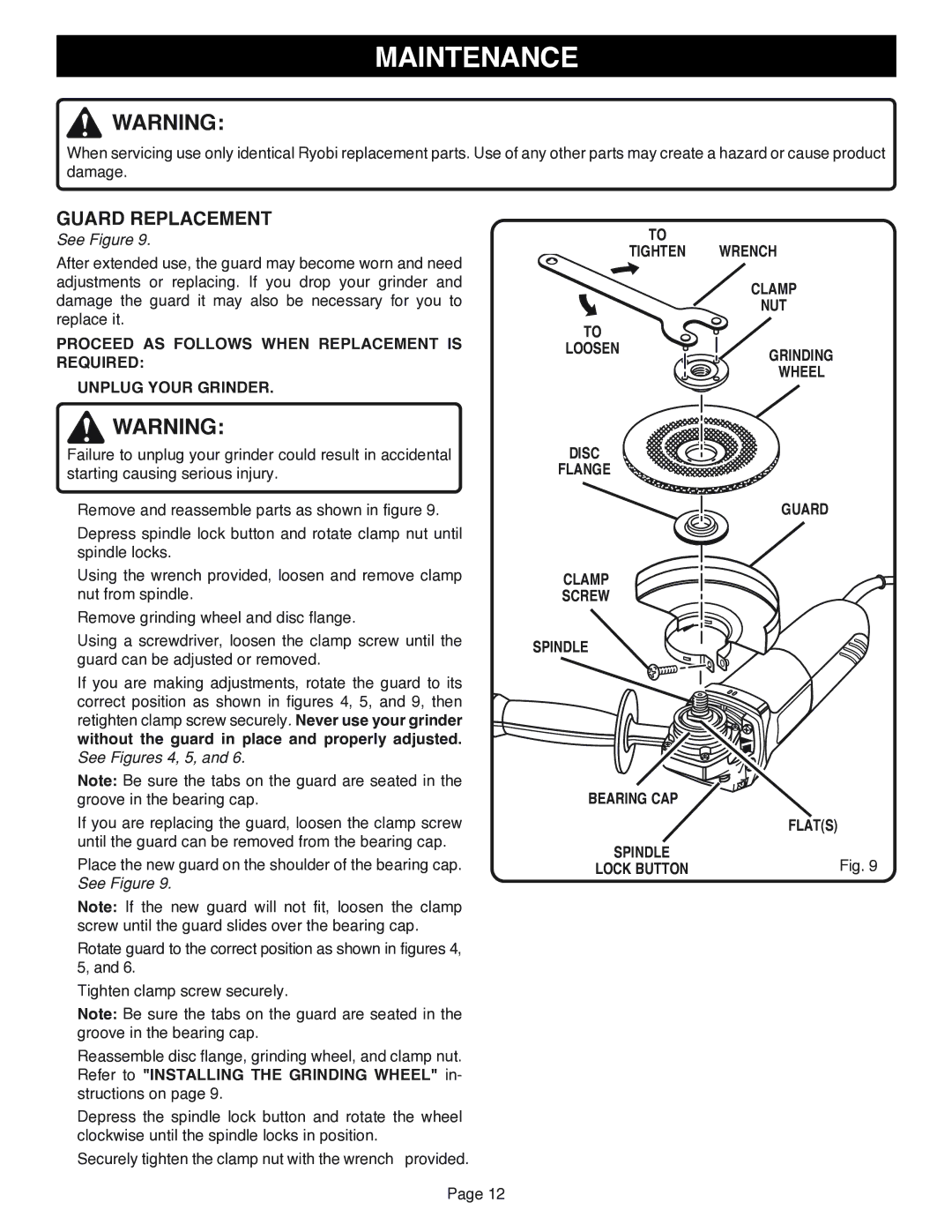 Ryobi AG401 specifications Maintenance, Guard Replacement 