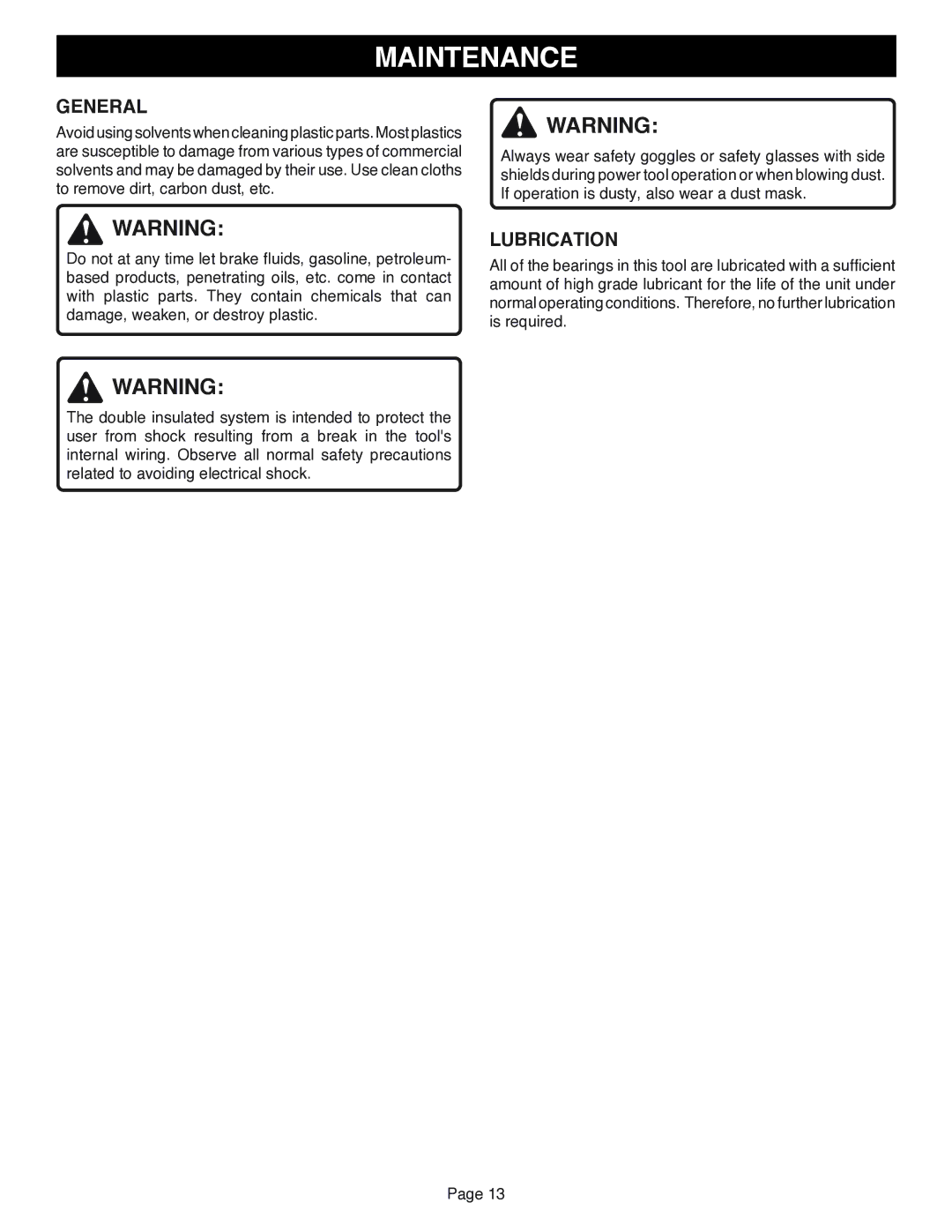 Ryobi AG401 specifications General, Lubrication 