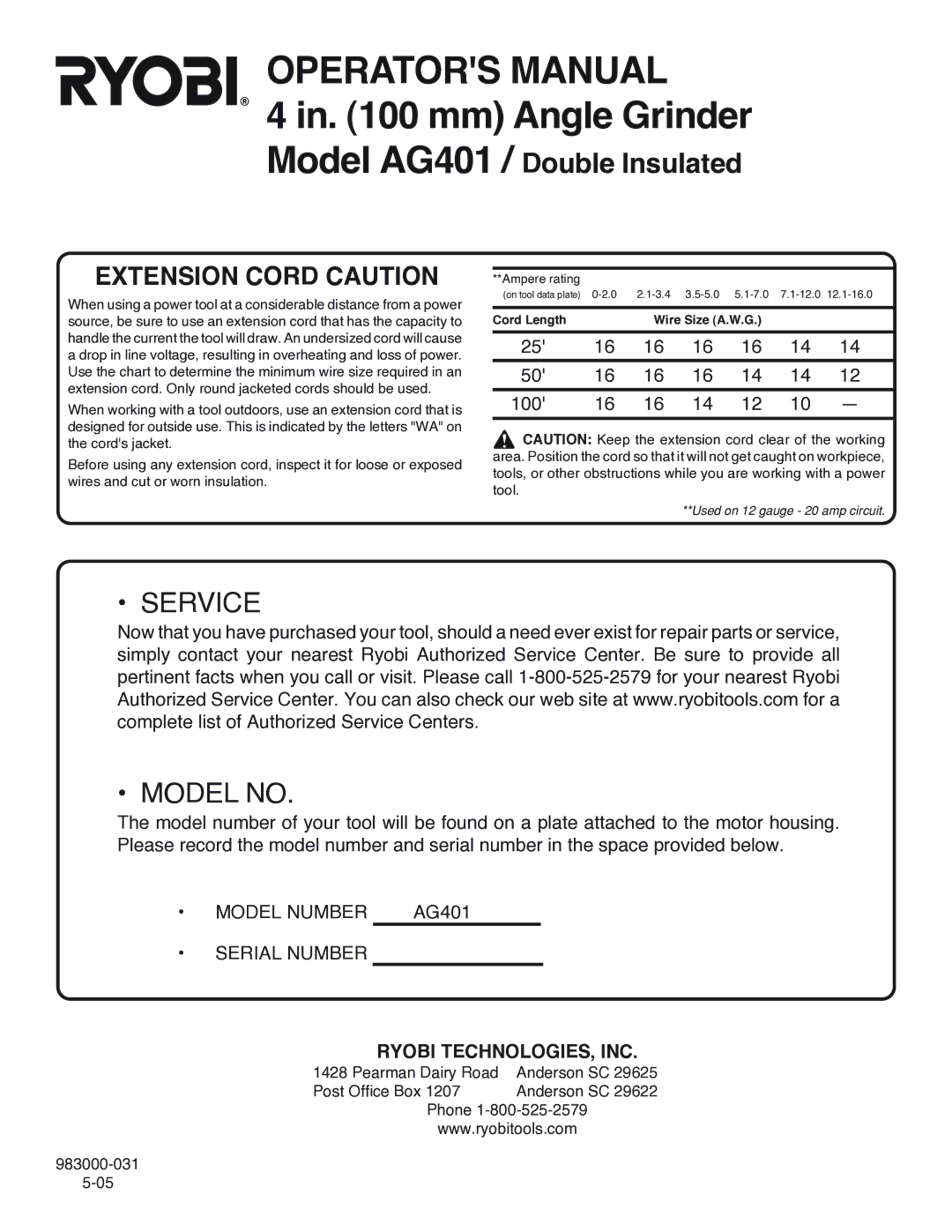 Ryobi AG401 specifications Mm Angle Grinder, Ryobi TECHNOLOGIES, INC 