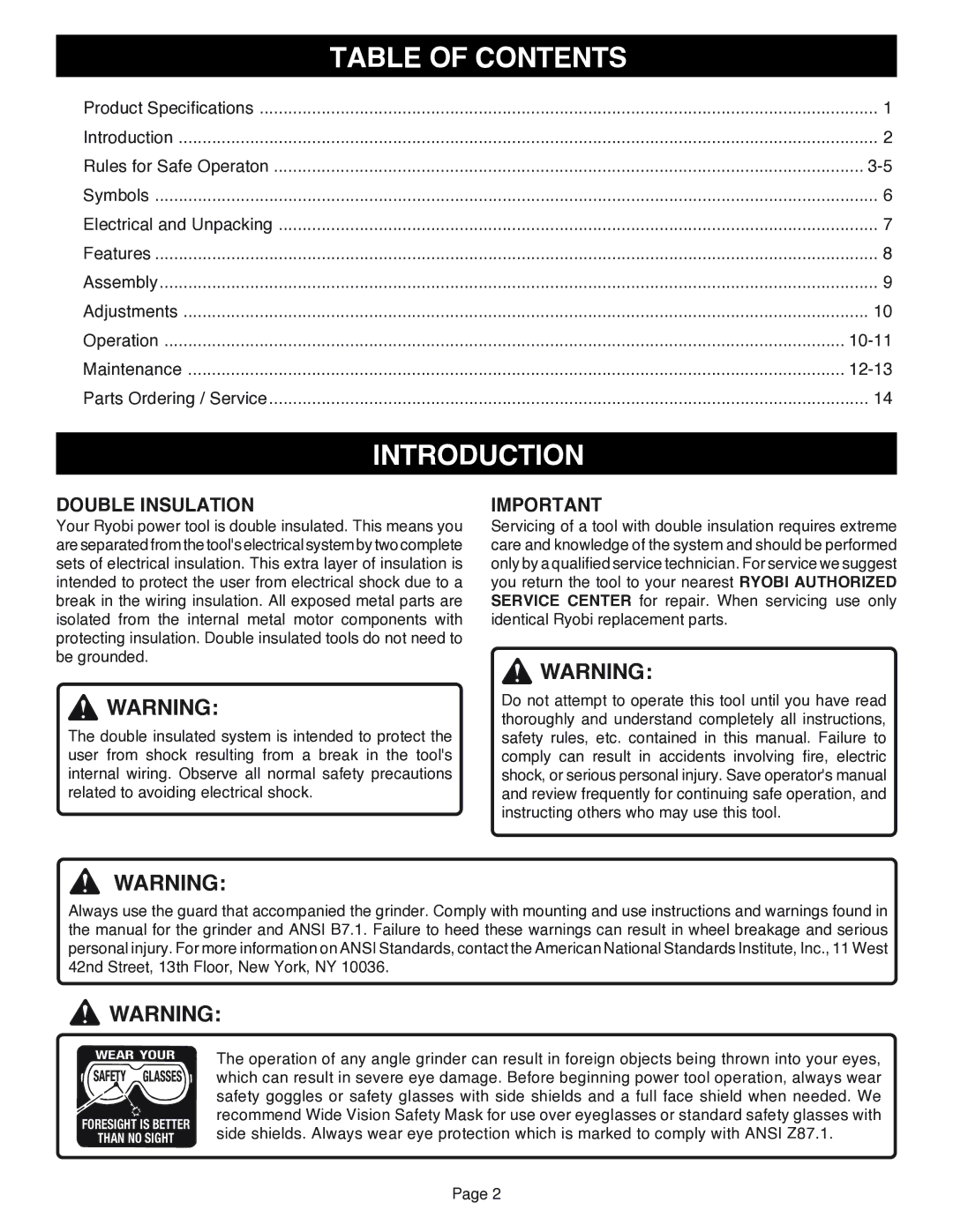 Ryobi AG401 specifications Introduction, Table of Contents 