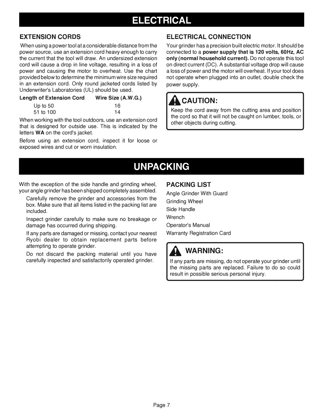 Ryobi AG401 specifications Unpacking, Extension Cords, Electrical Connection, Packing List 