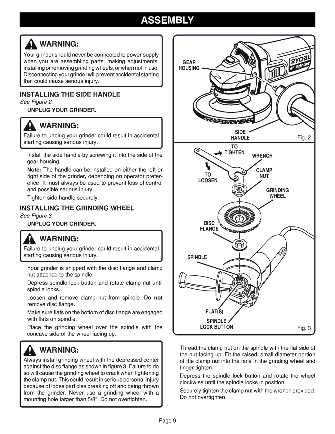 Ryobi AG401 specifications Assembly, Installing the Side Handle, Installing the Grinding Wheel 