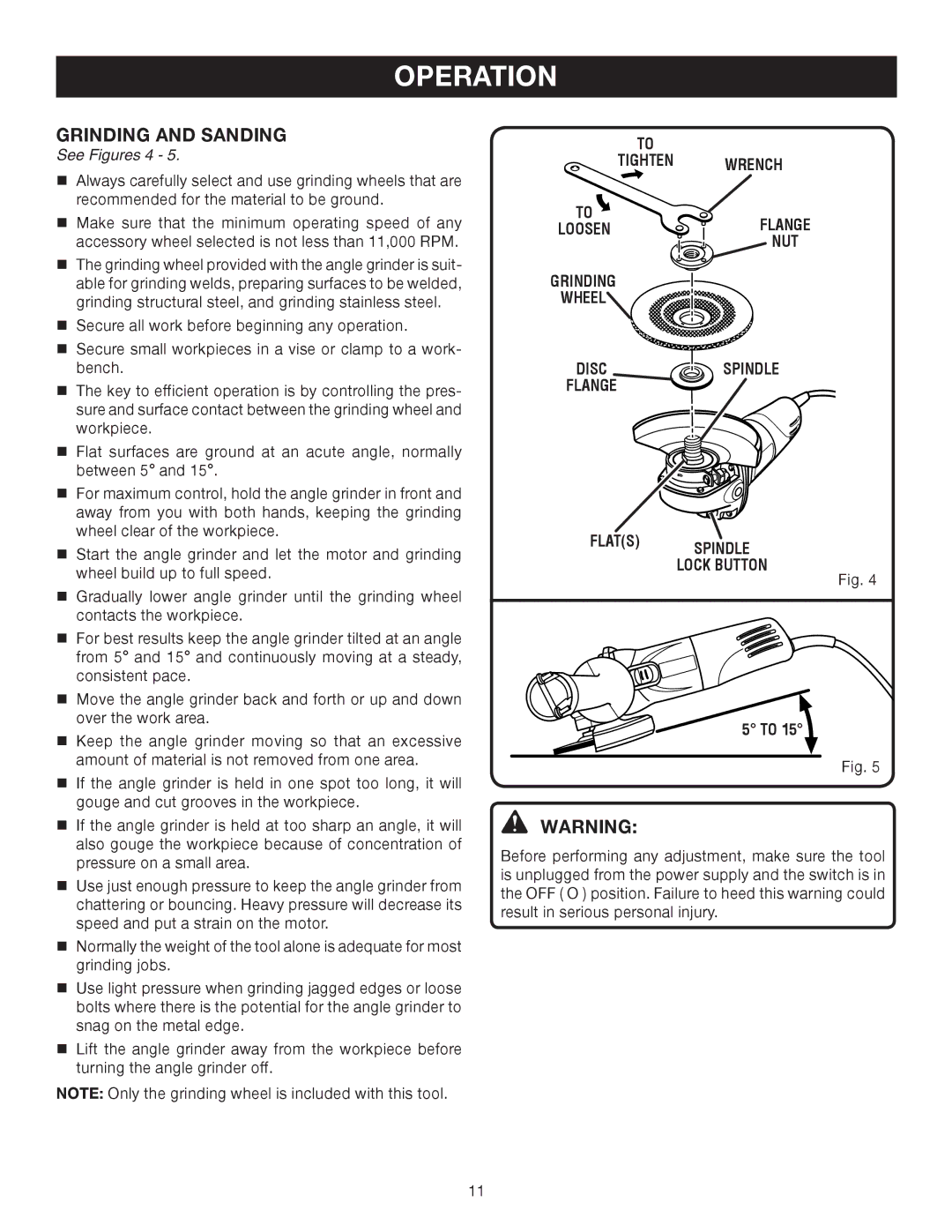 Ryobi AG402 manual Grinding and Sanding, See Figures 4, Tighten Loosen Grinding Wheel Wrench Flange NUT 