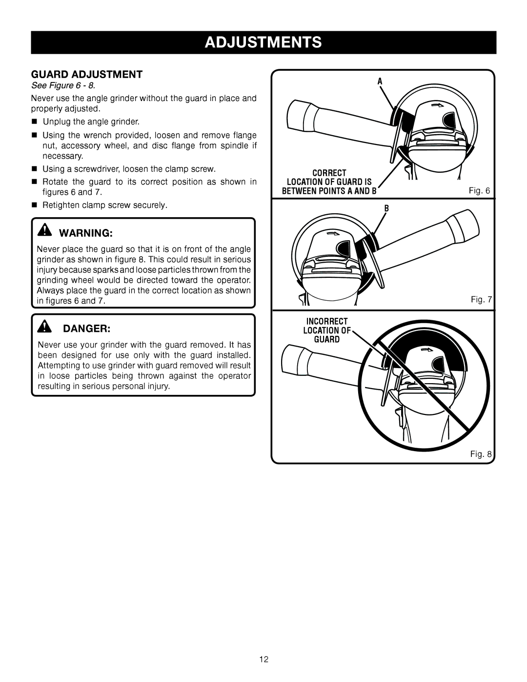 Ryobi AG402 manual Adjustments, Guard Adjustment, See, Incorrect Location Guard 