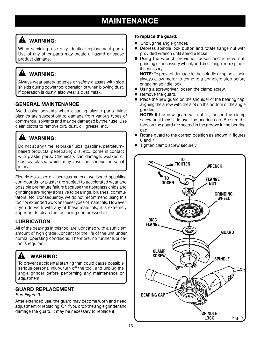 Ryobi AG402 manual General Maintenance, Lubrication, Guard Replacement 