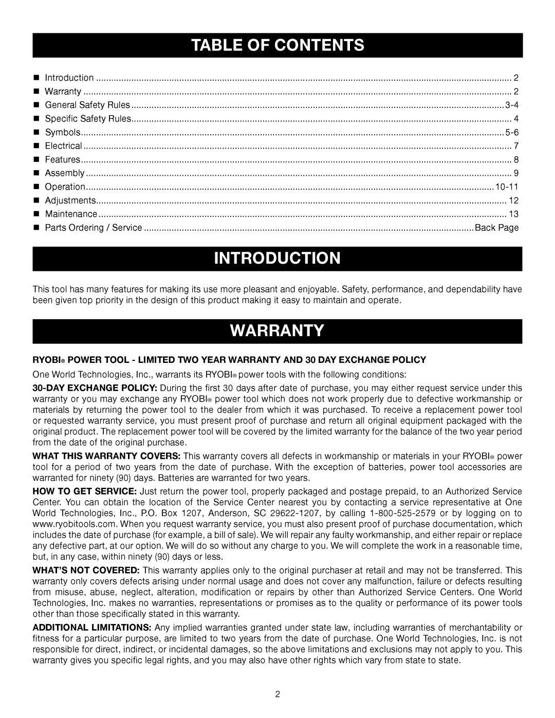 Ryobi AG402 manual Introduction, Warranty 