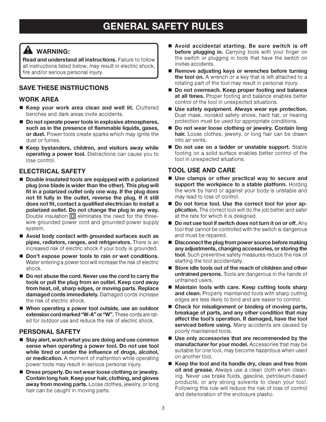 Ryobi AG402 manual General Safety Rules, Work Area, Electrical Safety, Personal Safety, Tool USE and Care 