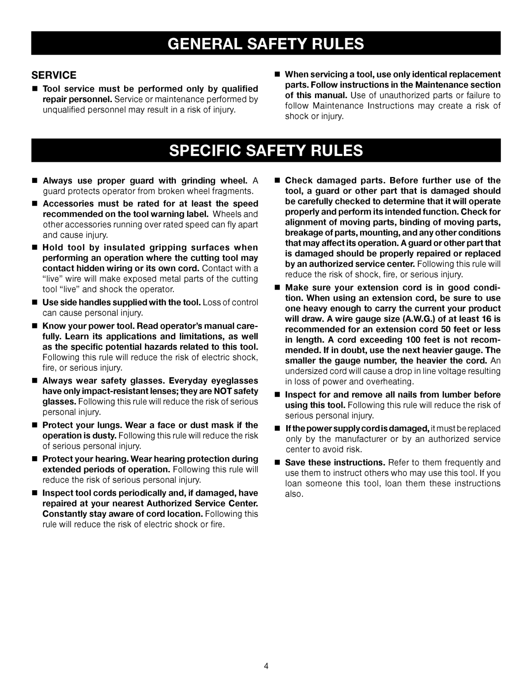 Ryobi AG402 manual Specific Safety Rules, Service 