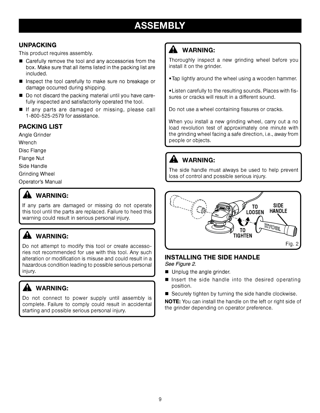 Ryobi AG402 manual Assembly, Unpacking, Packing List, Installing the Side Handle, To Side Loosen Handle Tighten 