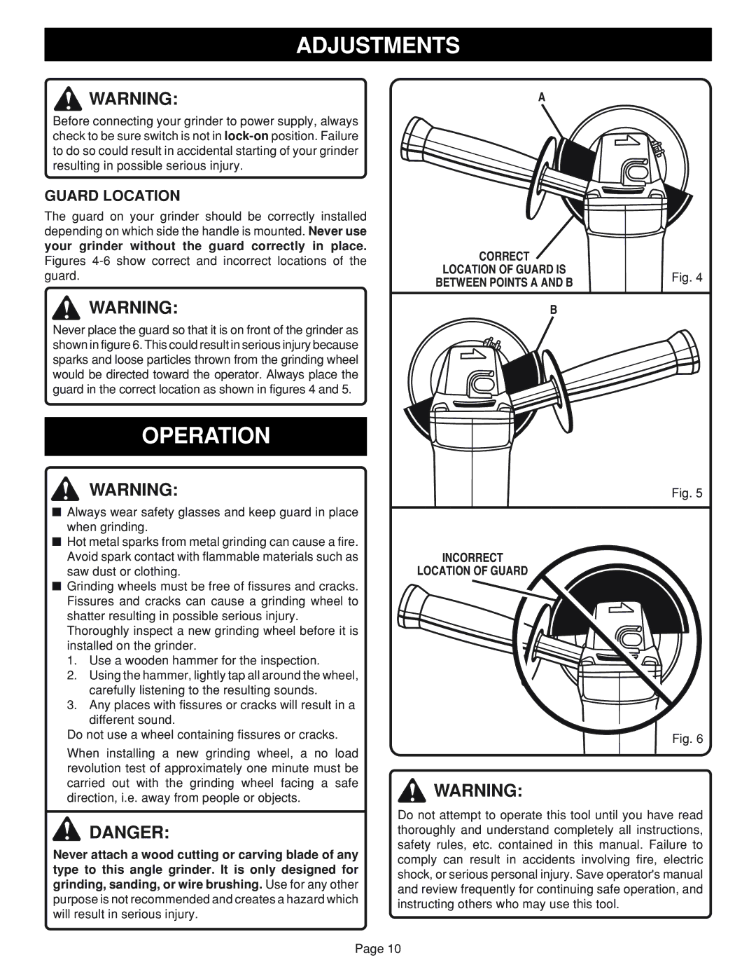 Ryobi AG451 warranty Adjustments, Operation, Guard Location, Incorrect Location of Guard 