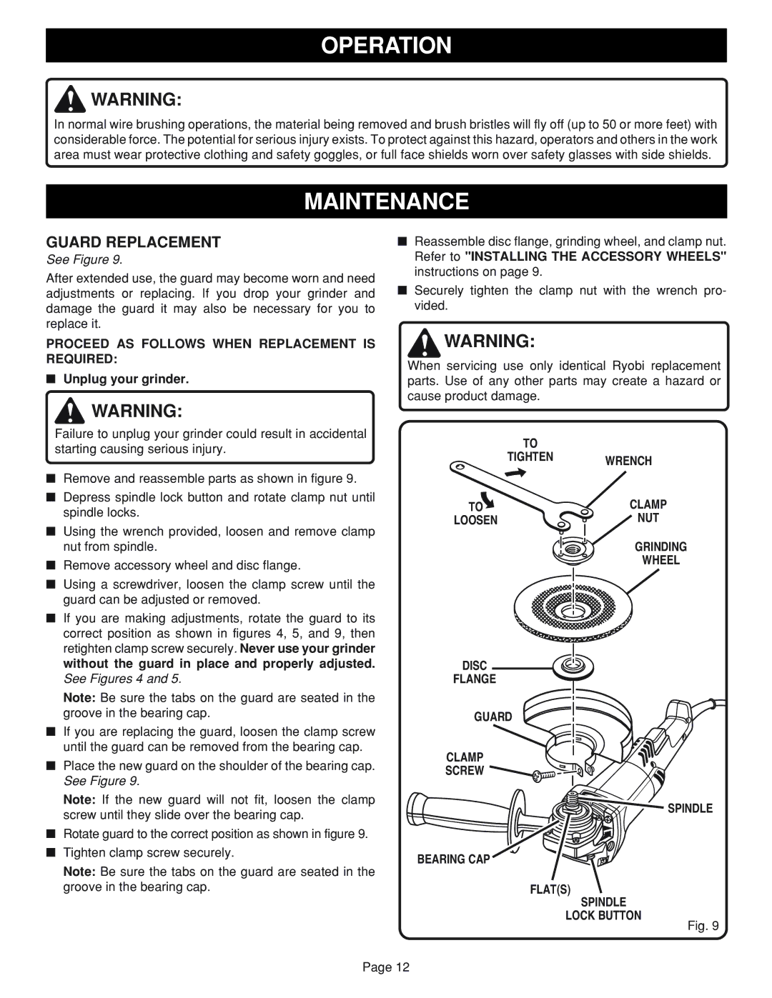 Ryobi AG451 warranty Maintenance, Guard Replacement, Proceed AS Follows When Replacement is Required 