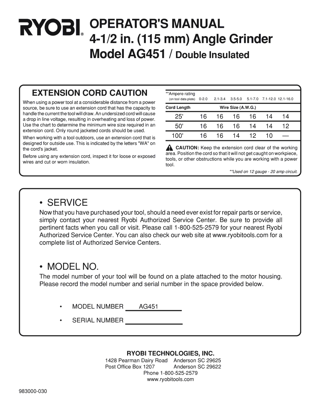 Ryobi AG451 warranty in mm Angle Grinder, Ryobi TECHNOLOGIES, INC 