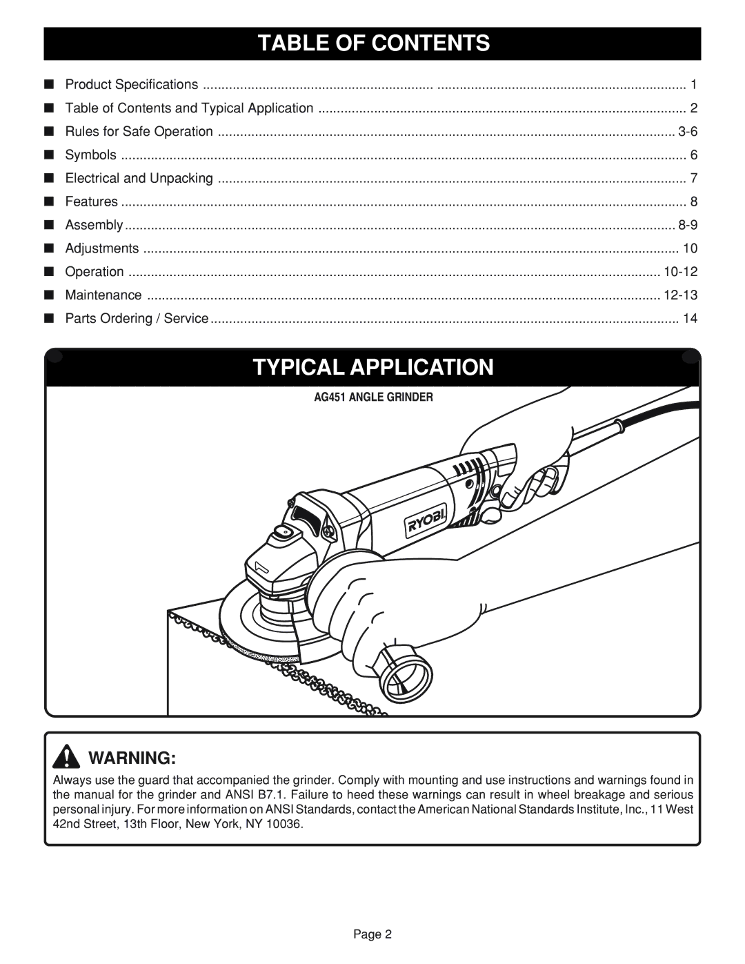 Ryobi AG451 warranty Table of Contents 