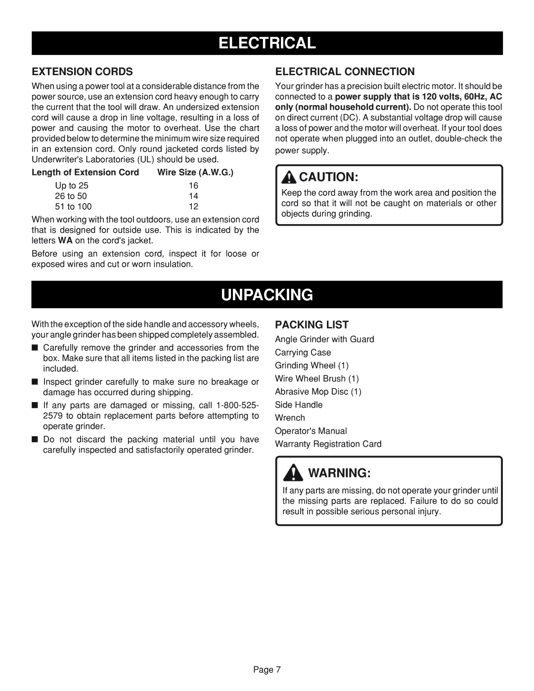 Ryobi AG451 warranty Unpacking, Extension Cords, Electrical Connection, Packing List 