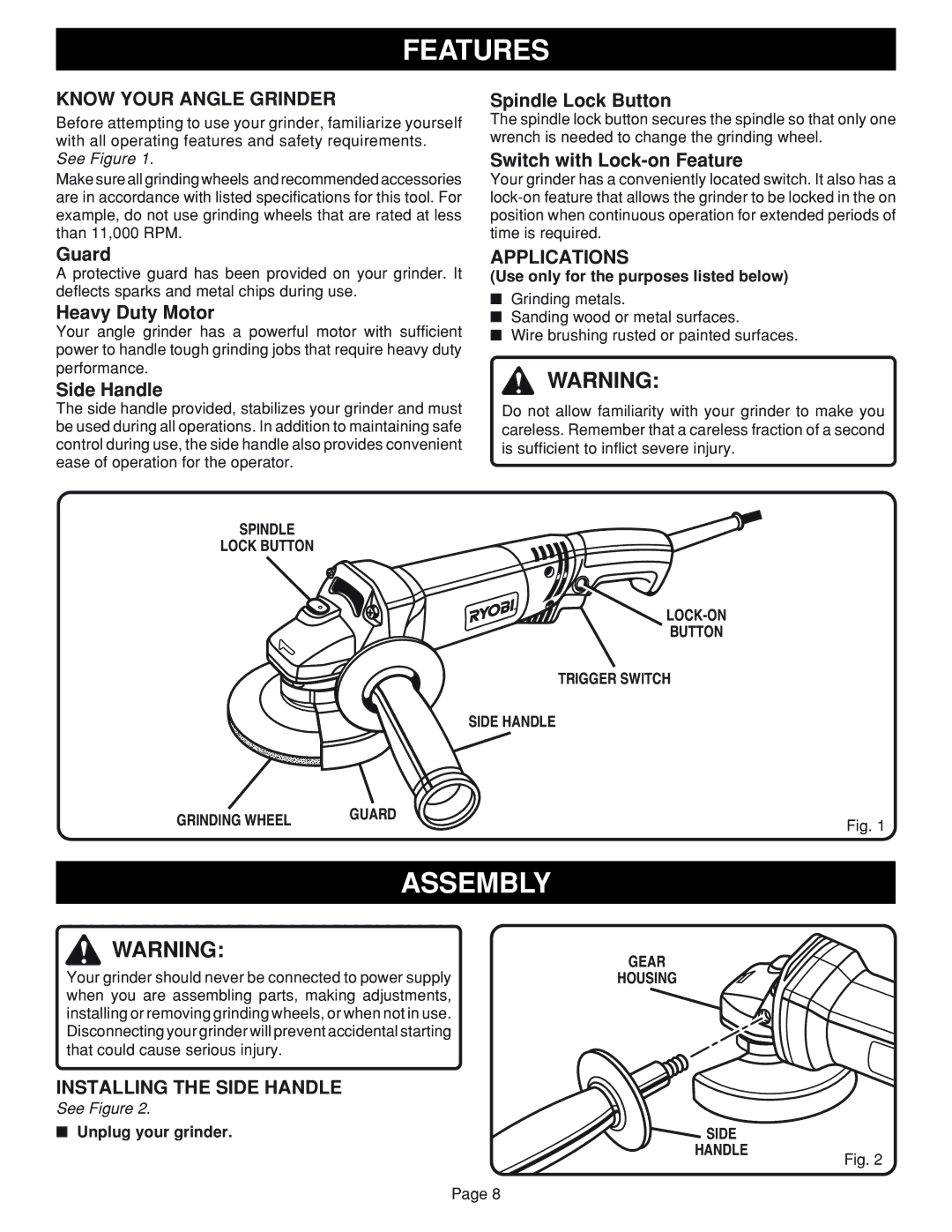 Ryobi AG451 warranty Features, Assembly, Know Your Angle Grinder, Applications, Installing the Side Handle 