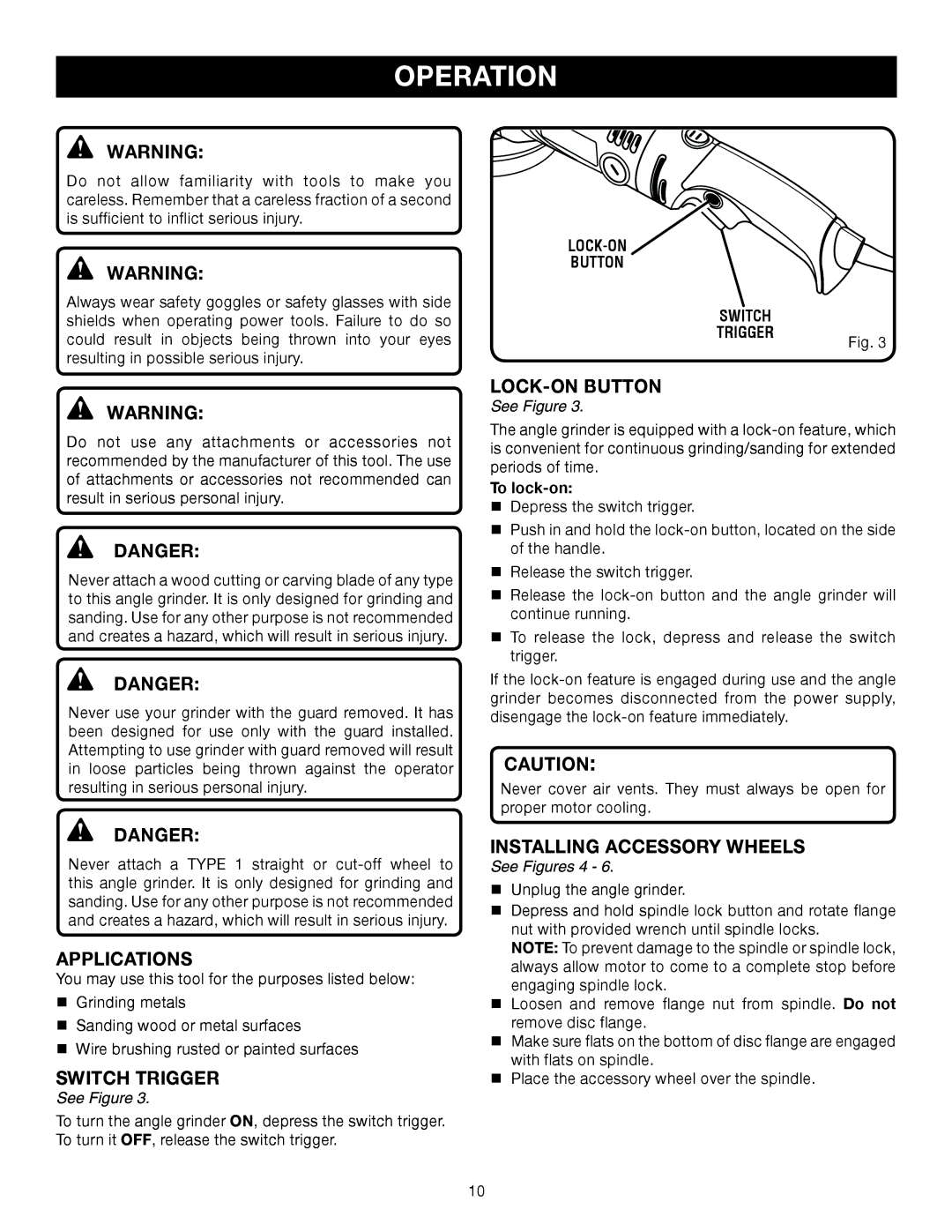 Ryobi AG452 manual Operation, Applications, Switch Trigger, Installing Accessory Wheels, LOCK-ON Button 