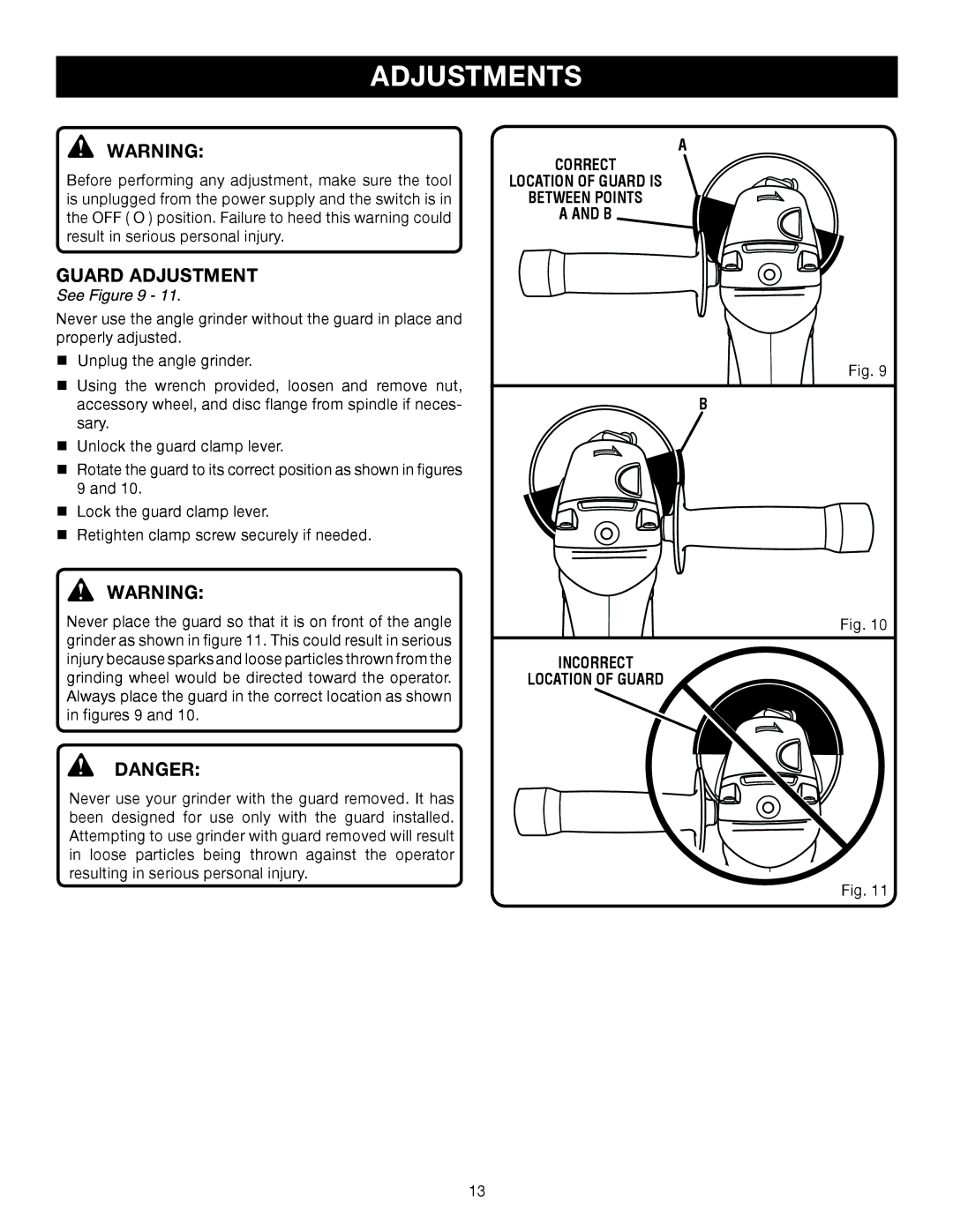 Ryobi AG452 manual Adjustments, Guard Adjustment, Correct Location of Guard is Between Points Incorrect 