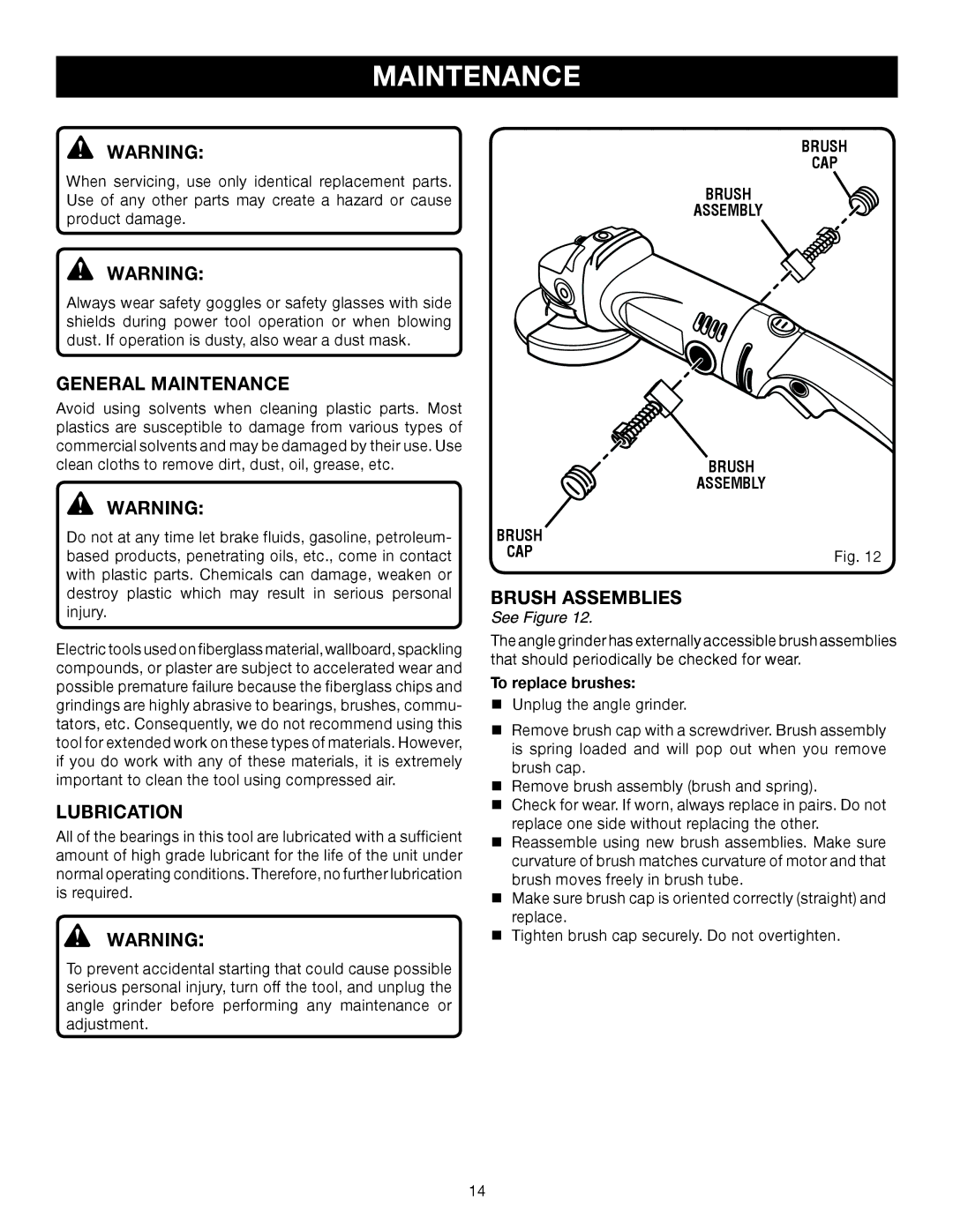 Ryobi AG452 manual General Maintenance, Lubrication, Brush Assemblies 