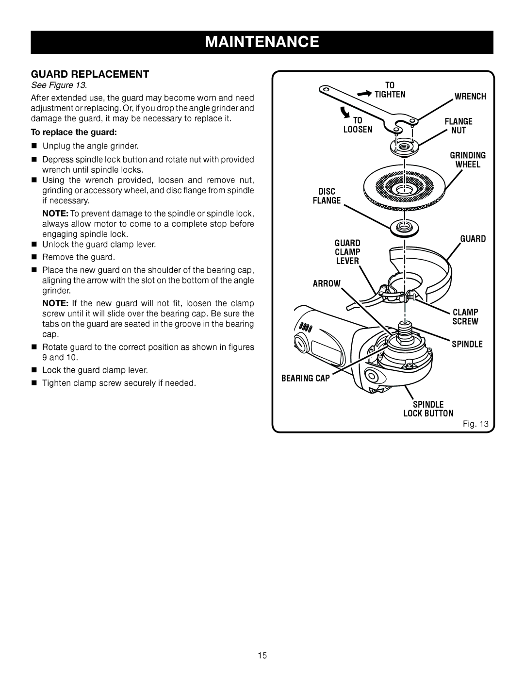 Ryobi AG452 manual Guard Replacement, To replace the guard, Tighten Loosen Disc Flange Wrench NUT 