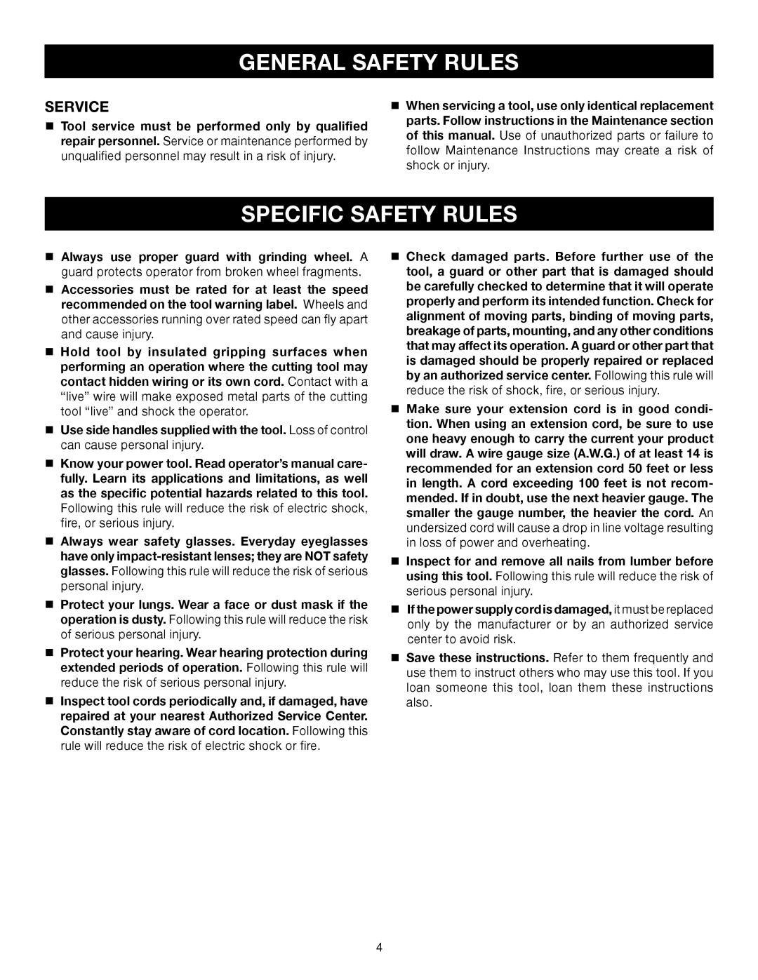 Ryobi AG452 manual Specific Safety Rules, Service 