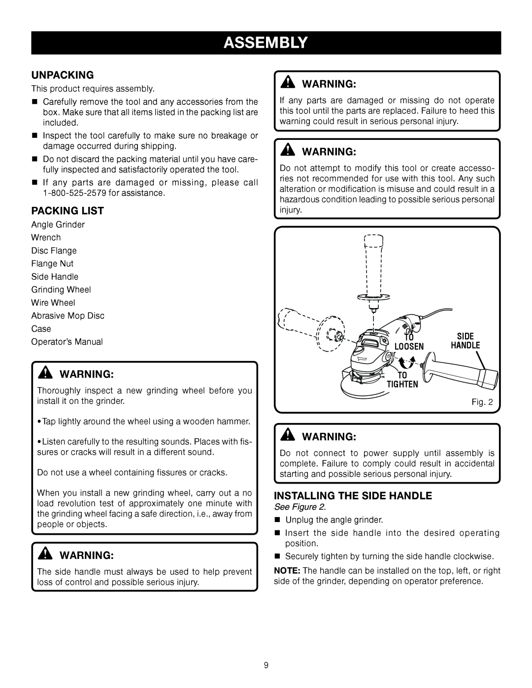 Ryobi AG452 manual Assembly, Unpacking, Packing List, Installing the Side Handle, To Side Loosen Handle Tighten 