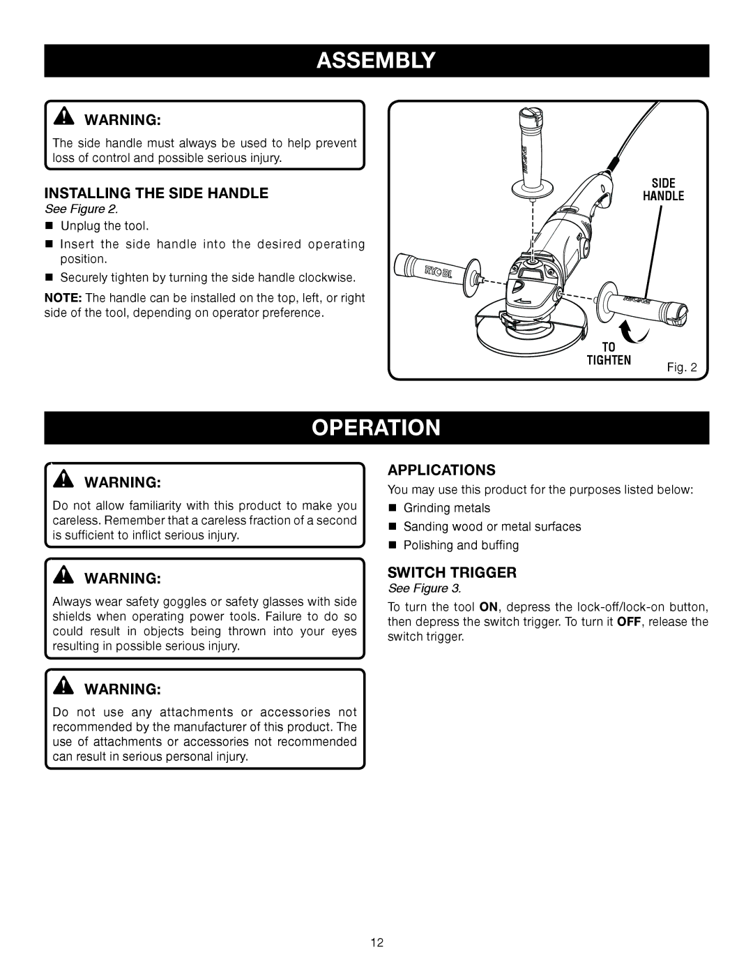 Ryobi AG700 manual Operation, Installing the Side handle, Applications, Switch Trigger 