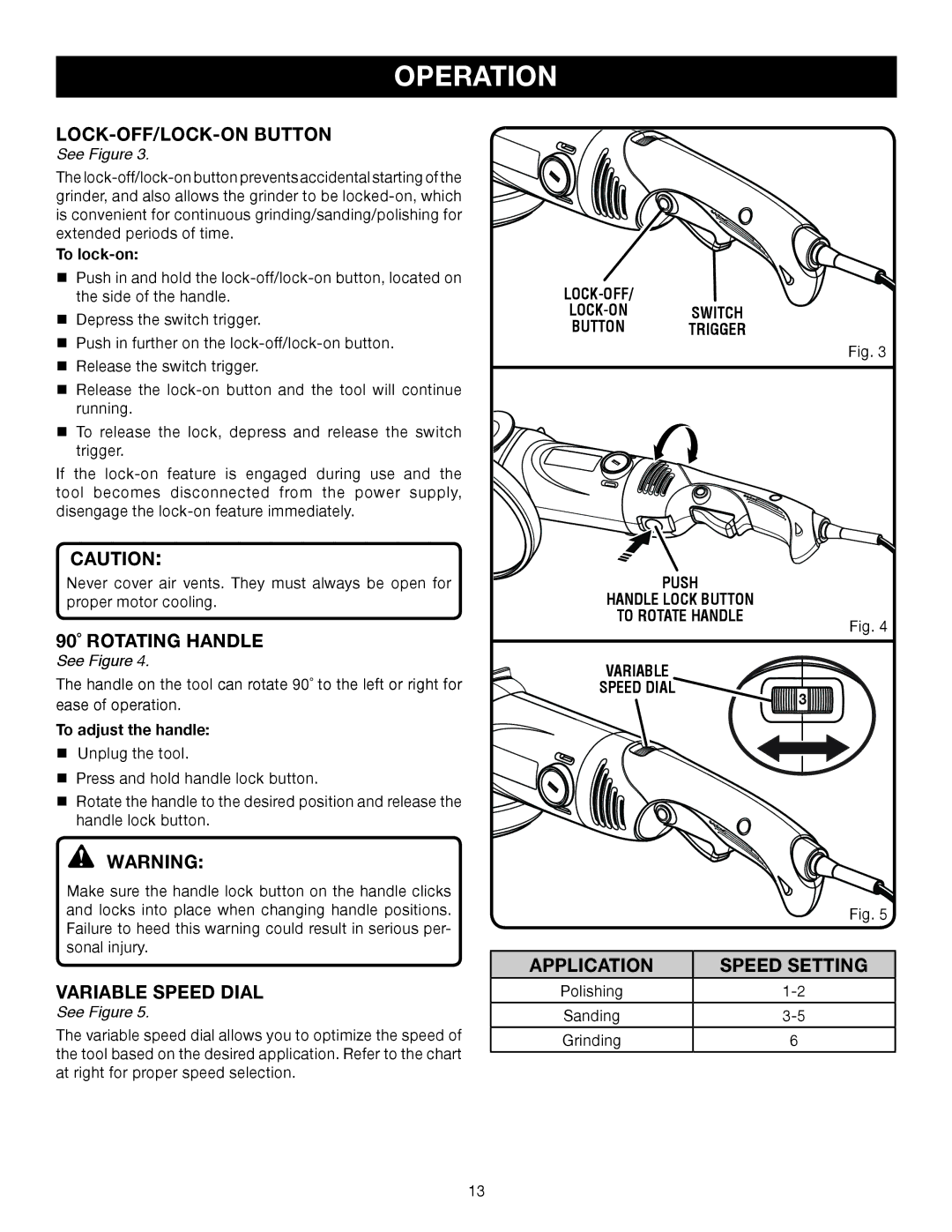 Ryobi AG700 Variable Speed Dial, Application Speed Setting, To lock-on, To adjust the handle, To rotate handle Variable 