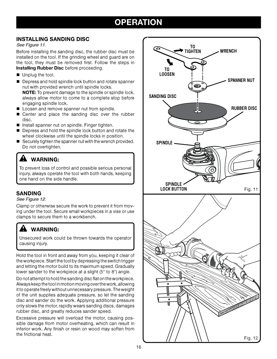 Ryobi AG700 manual Installing sanding disc, Sanding, Spindle Lock Button 