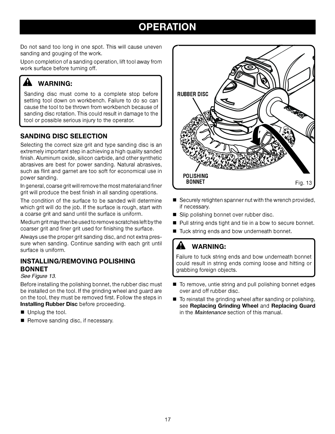 Ryobi AG700 manual Sanding Disc Selection, INSTALLING/REMOVING Polishing Bonnet 