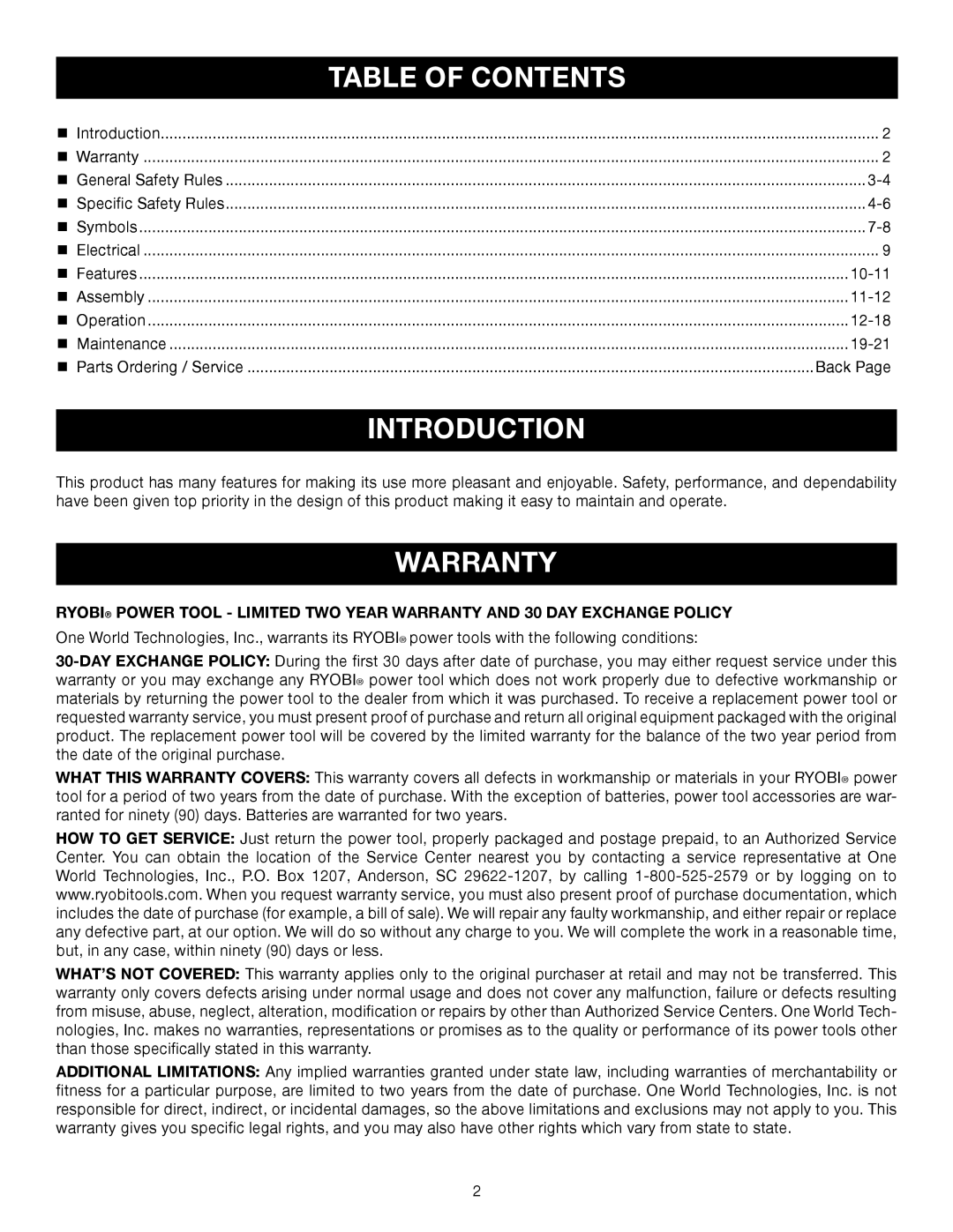 Ryobi AG700 manual Introduction, Table of Contents 