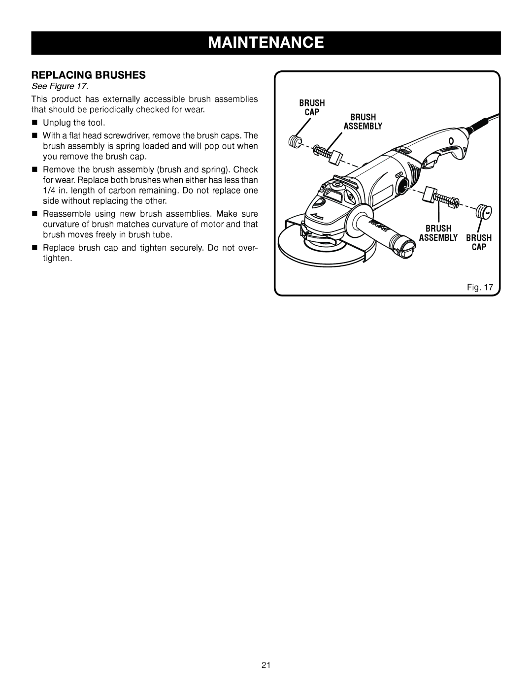 Ryobi AG700 manual Replacing brushes 