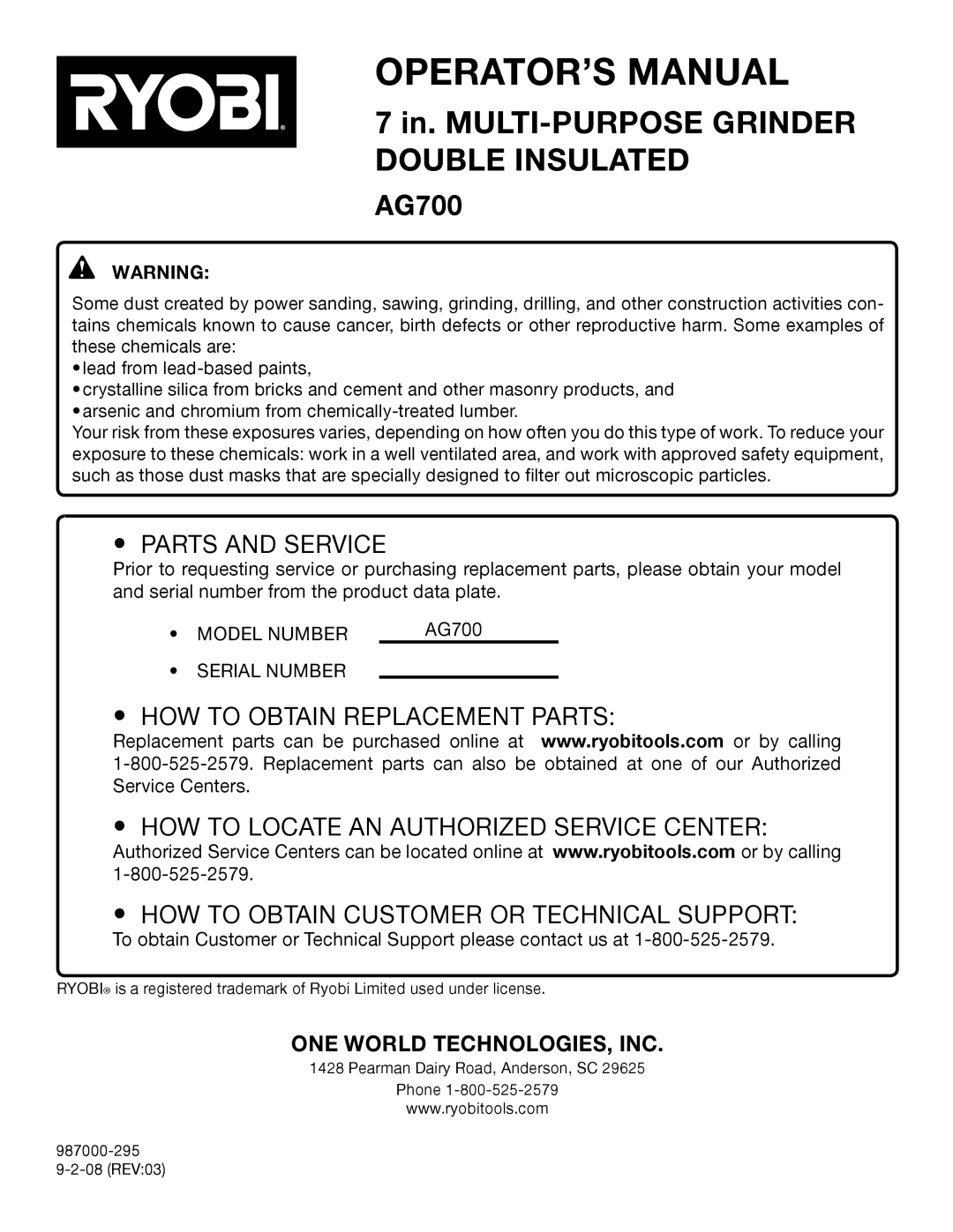 Ryobi AG700 manual Parts and Service 