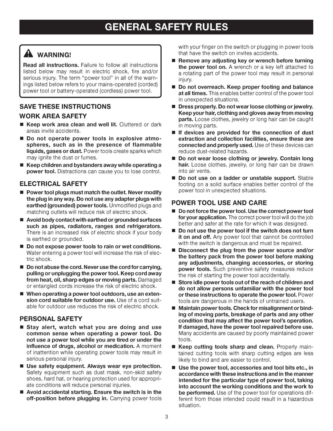 Ryobi AG700 manual General Safety Rules, Work Area Safety, Electrical Safety, Personal Safety, Power Tool USE and Care 