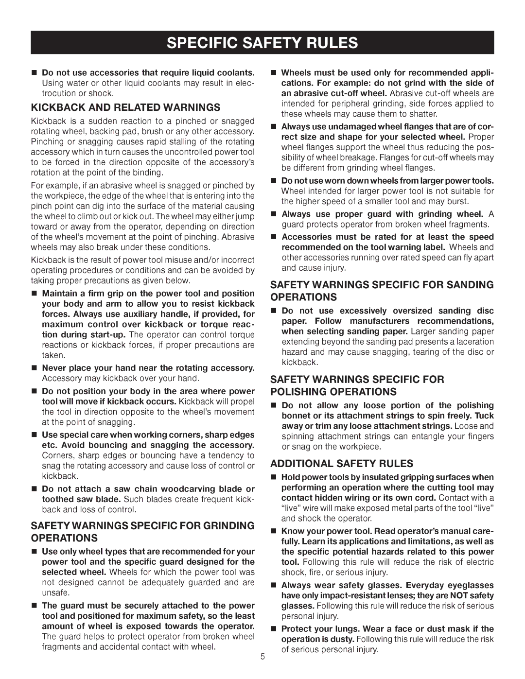 Ryobi AG700 manual Safety Warnings Specific for Grinding Operations, Additional Safety Rules 