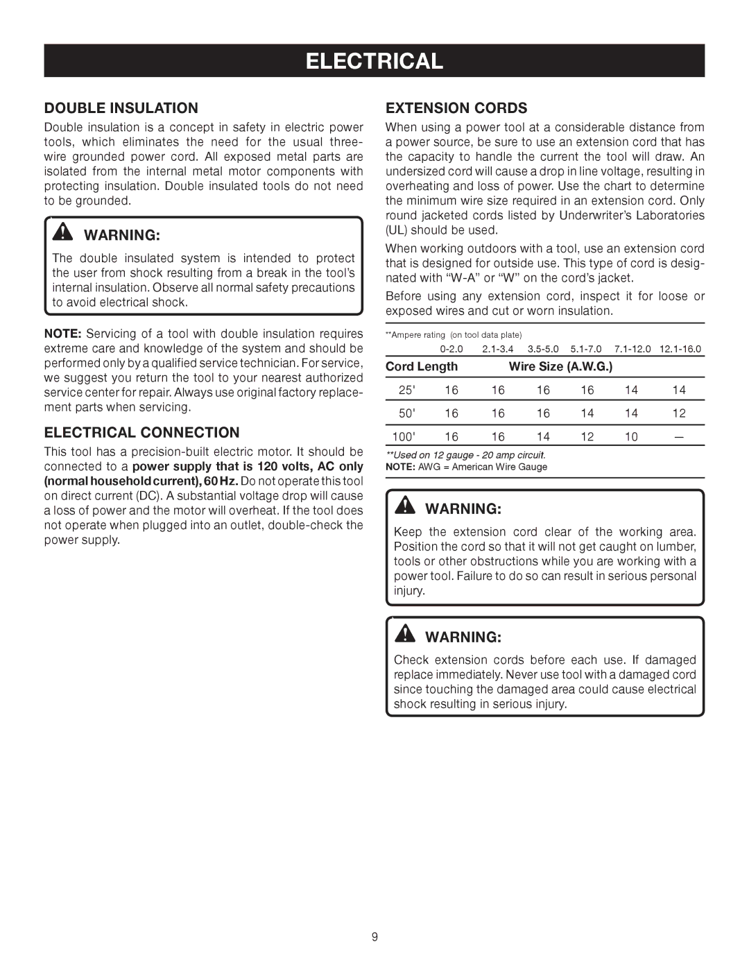 Ryobi AG700 manual Double Insulation, Electrical Connection, Extension Cords, Cord Length Wire Size A.W.G 