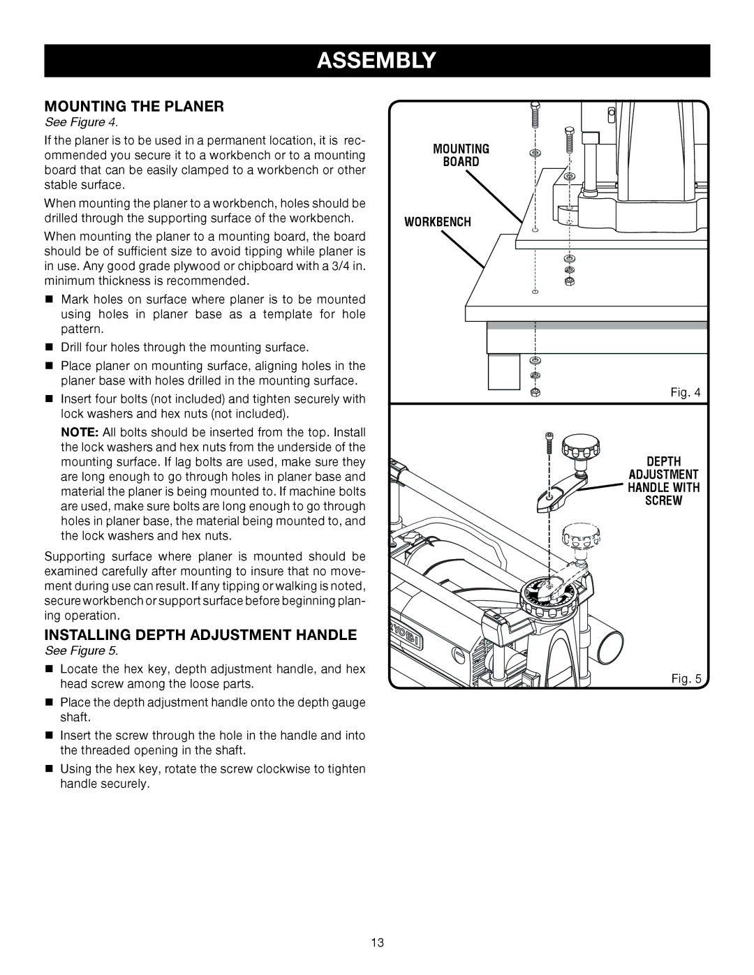 Ryobi AP1301 manual Mounting the Planer, Installing Depth Adjustment Handle, Workbench 